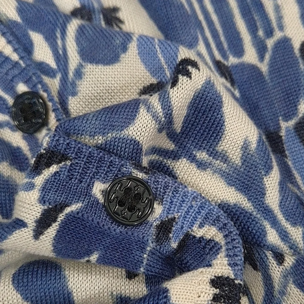Tory Burch Blue Floral Silk V-Neck Cardigan